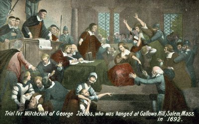 Juicio por brujería de George Jacobs, quien fue ahorcado en Gallows Hill, Salem, Massachusetts, EE.UU., en 1692 de American School